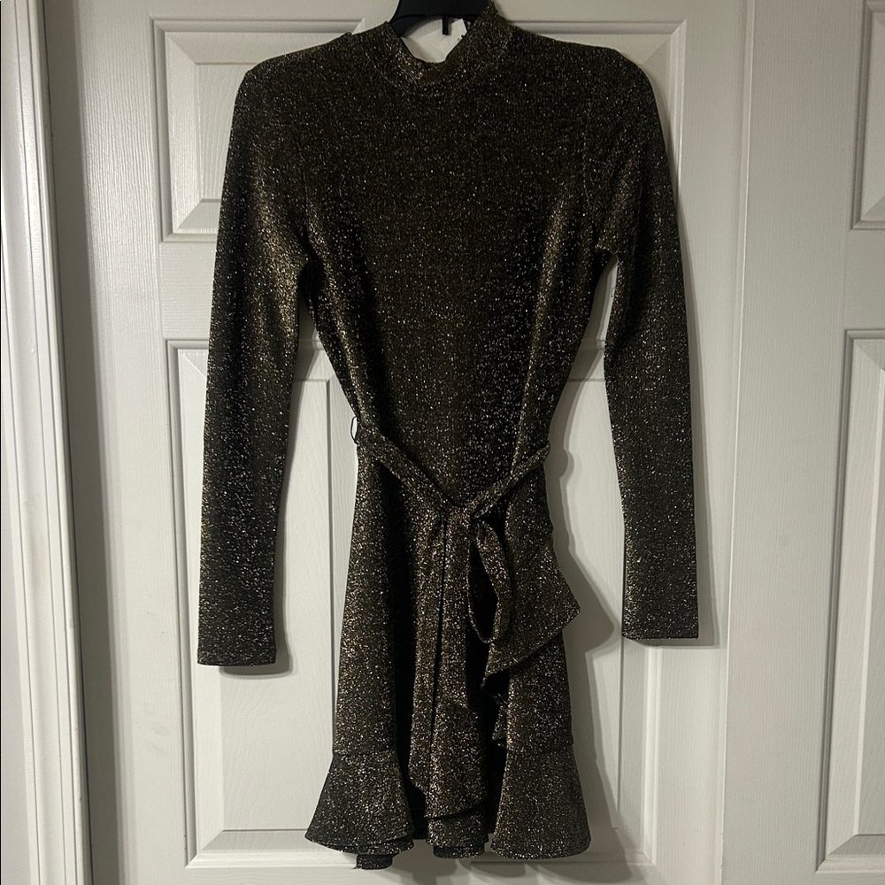 Speechless Gold Sparkling Long Sleeve Dress with Ruffle Hem